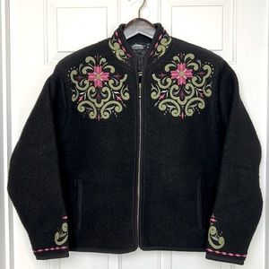 Icelandic Design Boiled Wool Zip Up Bomber Jacket Size XL Black Embroidered